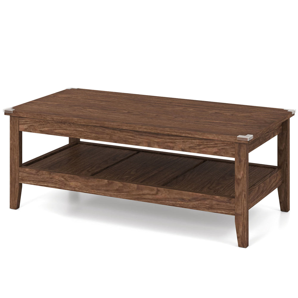 Walnut farmhouse coffee table showcasing a thickened tabletop and spacious lower shelf, ideal for stylish living room.