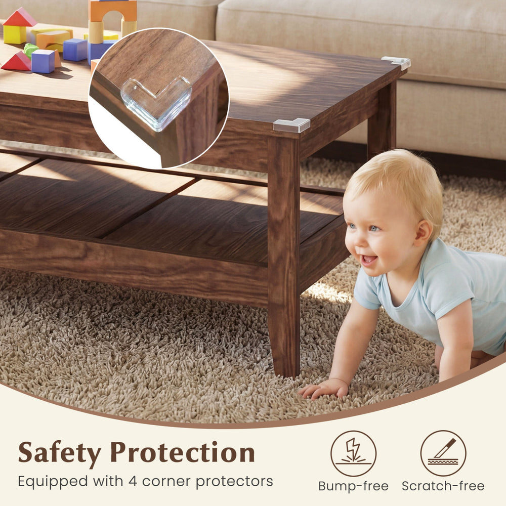 Rustic walnut farmhouse coffee table with thickened tabletop and corner protectors, ideal for stylish living room.
