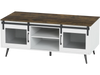 Farmhouse coffee table with sliding doors, rustic brown top, adjustable shelf, and spacious cabinets for versatile.