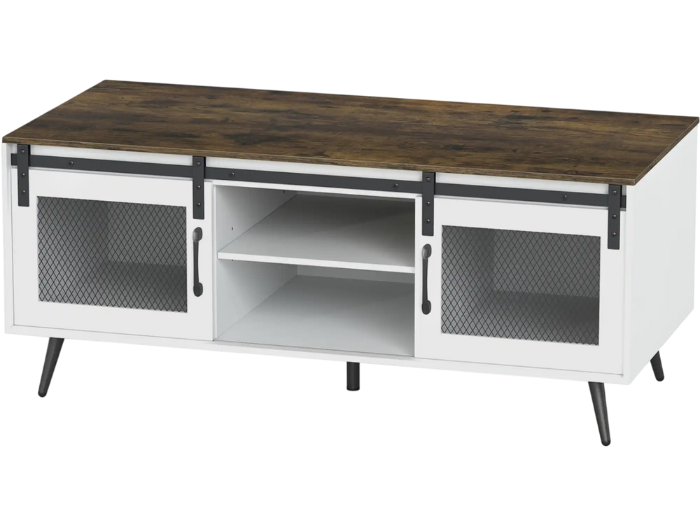 Farmhouse coffee table with sliding doors, rustic brown top, adjustable shelf, and spacious cabinets for versatile.
