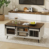 Farmhouse coffee table with rustic brown top, sliding doors, and adjustable shelf for versatile storage in any living.
