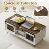 Farmhouse coffee table with rustic brown finish, featuring sliding doors, adjustable shelf, and easy-to-clean surface.
