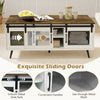 Farmhouse coffee table with rustic brown finish, featuring sliding doors, adjustable shelf, and spacious storage.