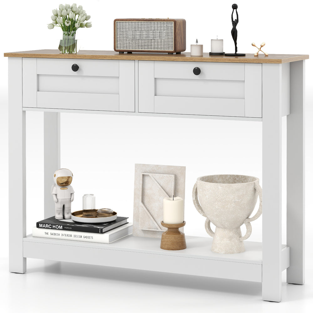Farmhouse console table with 2 drawers, 42-inch long, featuring a spacious top and open shelf for stylish display.