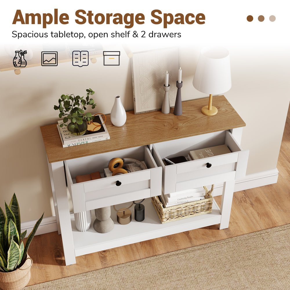 Farmhouse console table with 2 drawers, spacious tabletop, and open shelf for stylish entryway organization.