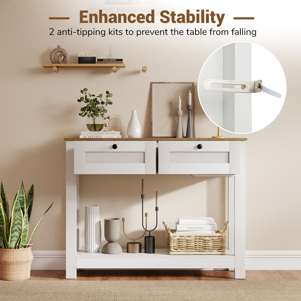 Farmhouse console table with 2 drawers and anti-tipping kits for enhanced stability, perfect for narrow entryways.