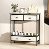 Farmhouse console table with gray finish, featuring three drawers and an open shelf for hallway storage and display.
