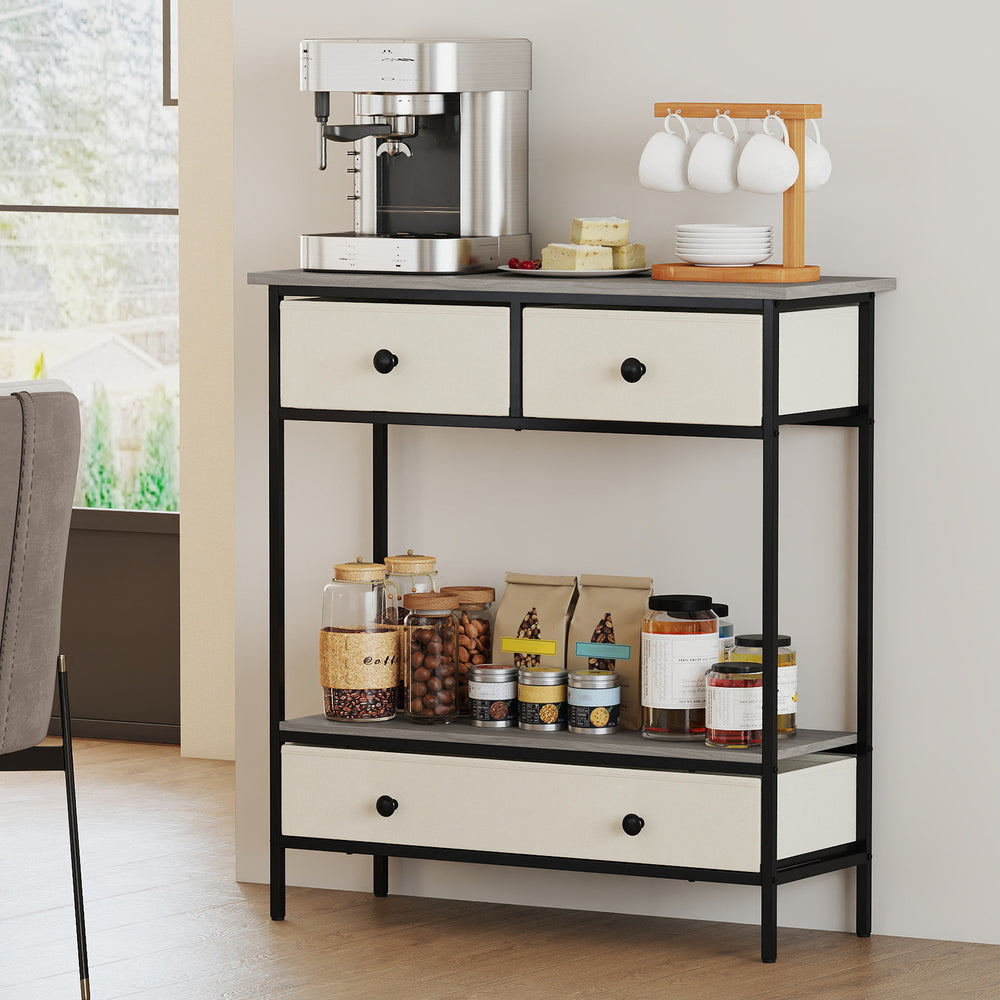 Farmhouse console table with gray finish, featuring 3 pull-out drawers and open shelf for hallway or living room.
