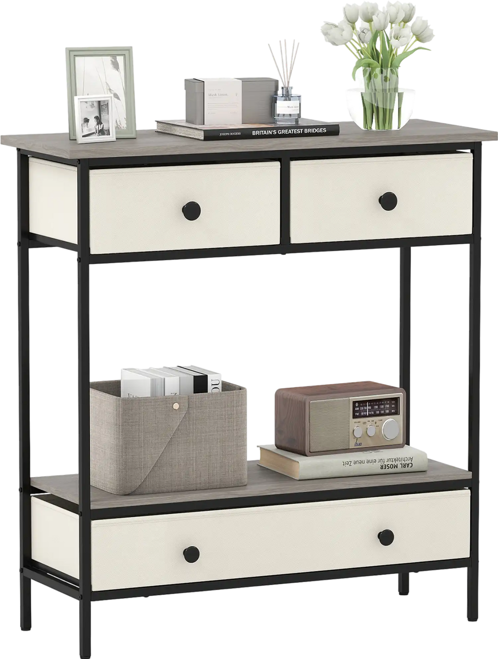 Farmhouse console table in gray with 3 pull-out drawers and open shelf, perfect for hallway or entryway storage.