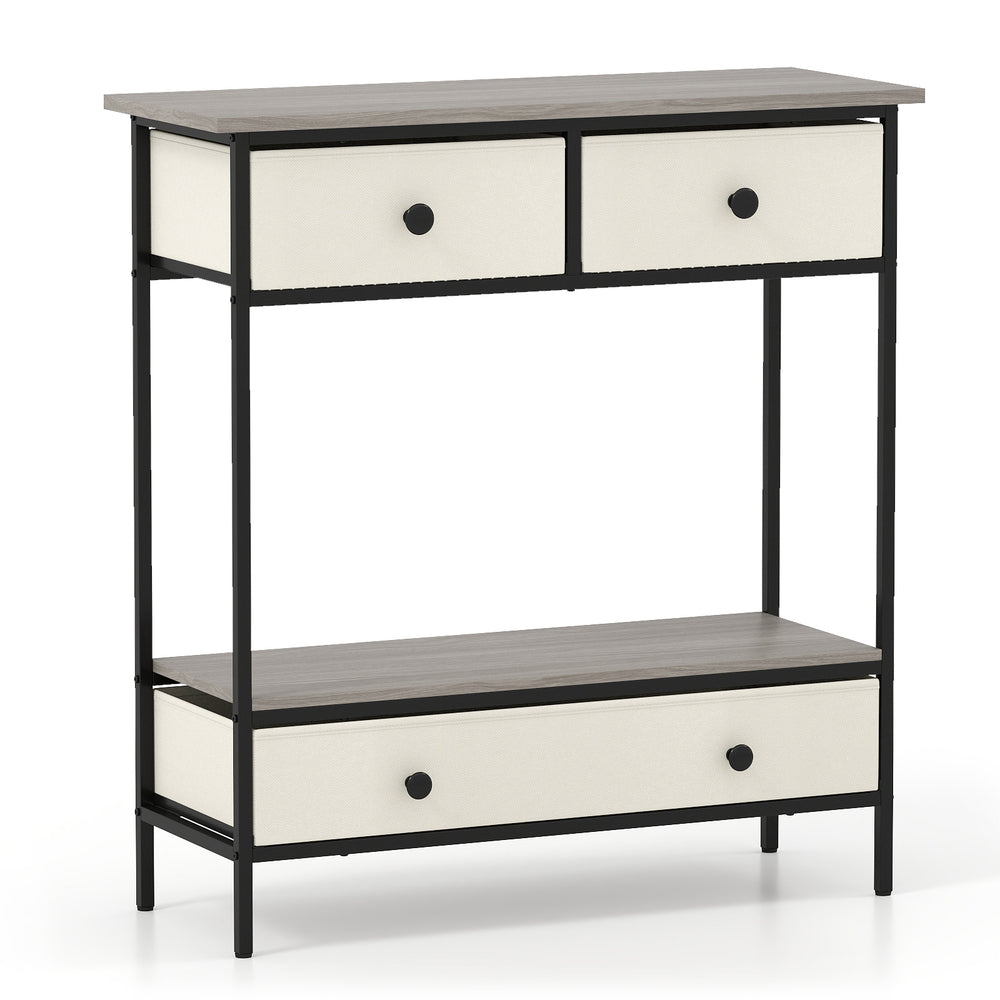 Farmhouse console table with gray top, three drawers, and open shelf for hallway storage and display options.