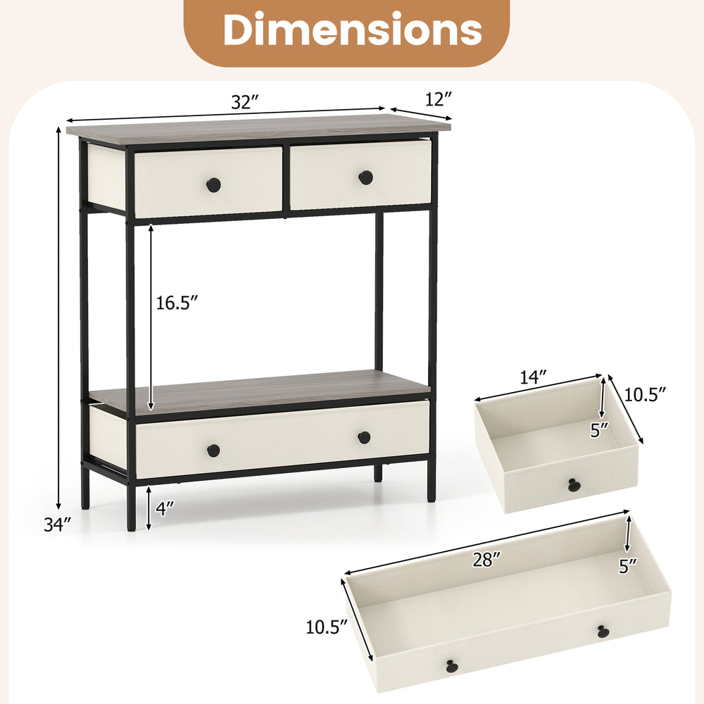 Farmhouse console table with gray finish, featuring three drawers and open shelf for hallway storage and display.