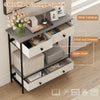 Farmhouse console table with gray finish, featuring 3 pull-out drawers and an open shelf for hallway storage.