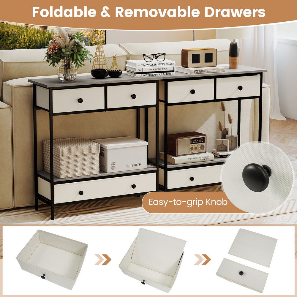 Farmhouse console table with open storage shelf, gray finish, featuring foldable drawers and a durable metal frame for.