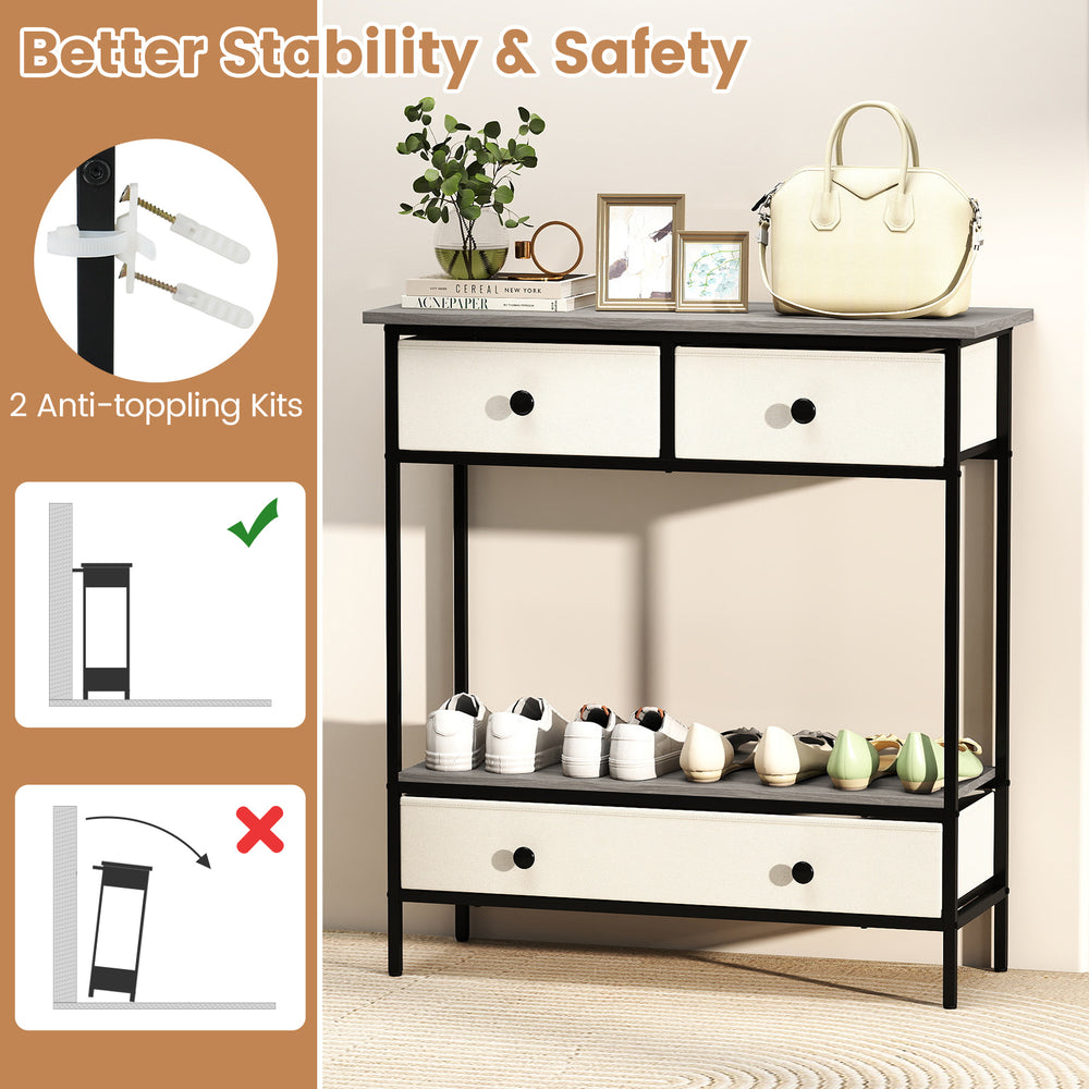 Farmhouse console table in gray with open storage shelf, three drawers, and anti-toppling kits for hallway organization.