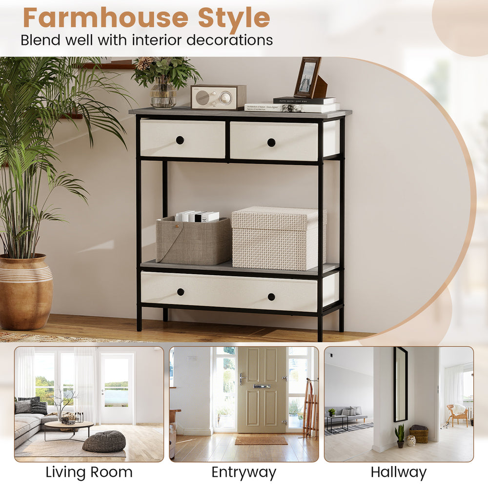 Farmhouse console table with gray finish, featuring three drawers and an open shelf, ideal for hallway or entryway.