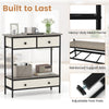 Farmhouse console table in gray with 3 drawers and open shelf, featuring a heavy-duty metal frame for hallway storage.