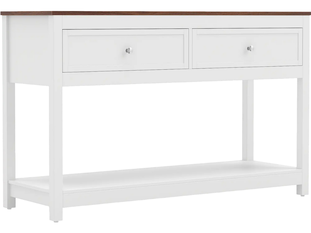 Farmhouse console table in white with a sleek top and two drawers, perfect for stylish storage in entryways or hallways.