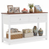 Farmhouse console table in white with a spacious surface and open shelf, perfect for displaying photos and decorative items.