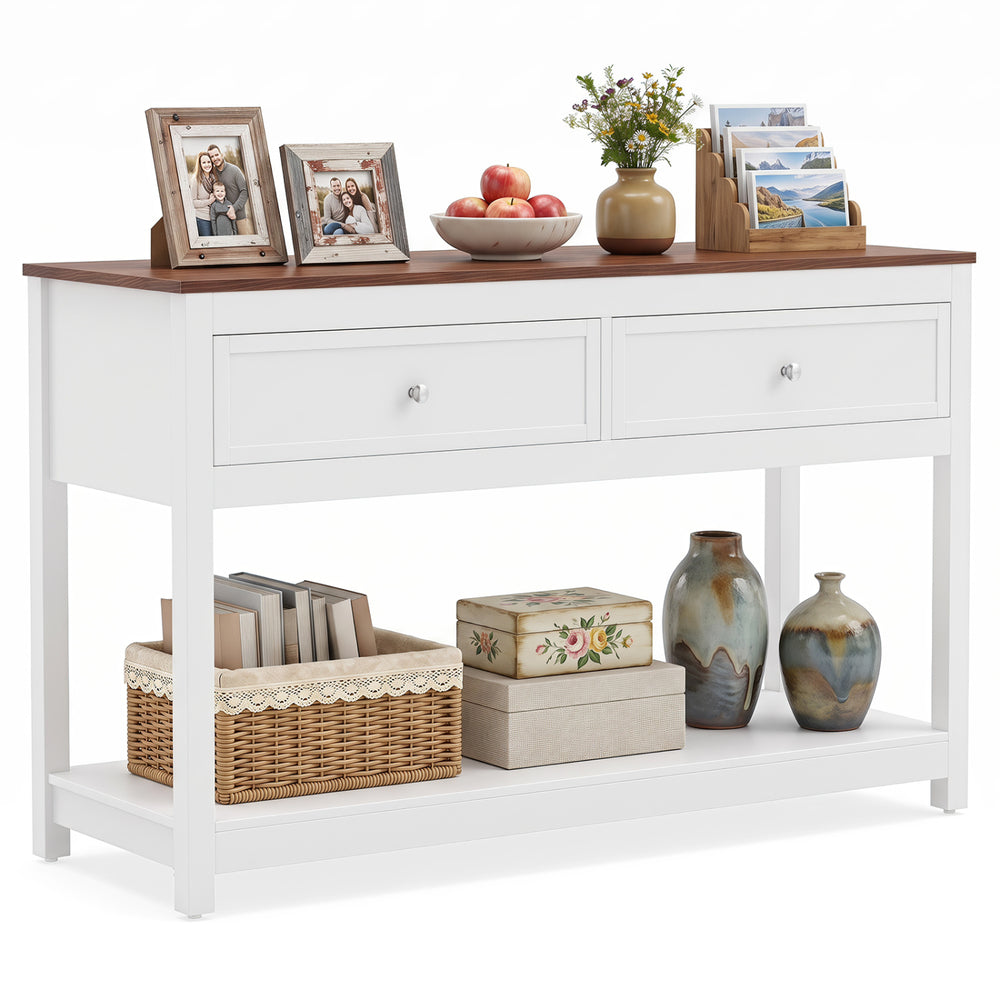 Farmhouse console table in white with a spacious surface and open shelf, perfect for displaying photos and decorative items.