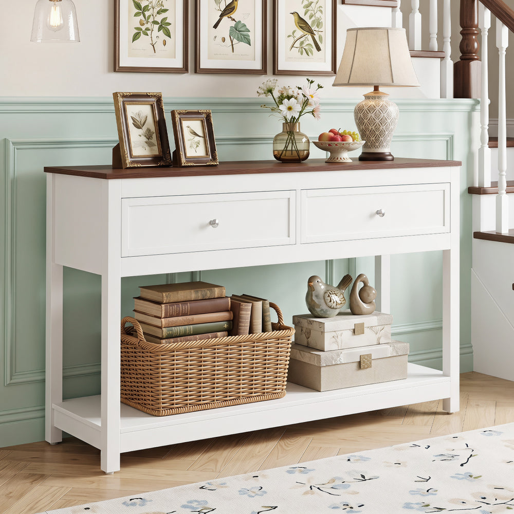 Farmhouse console table in white with two drawers and open storage shelf, perfect for living room or entryway organization.