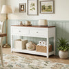 Farmhouse console table in white with two drawers and open storage shelf, perfect for organizing essentials in any room.