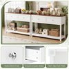 Farmhouse console table in white with two drawers and open storage shelf, ideal for living room or entryway organization.