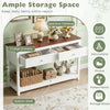 Farmhouse console table in white with spacious tabletop, two large drawers, and open storage shelf for versatile organization.