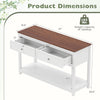 Farmhouse console table in white with two drawers and open shelf, ideal for living room or entryway organization.
