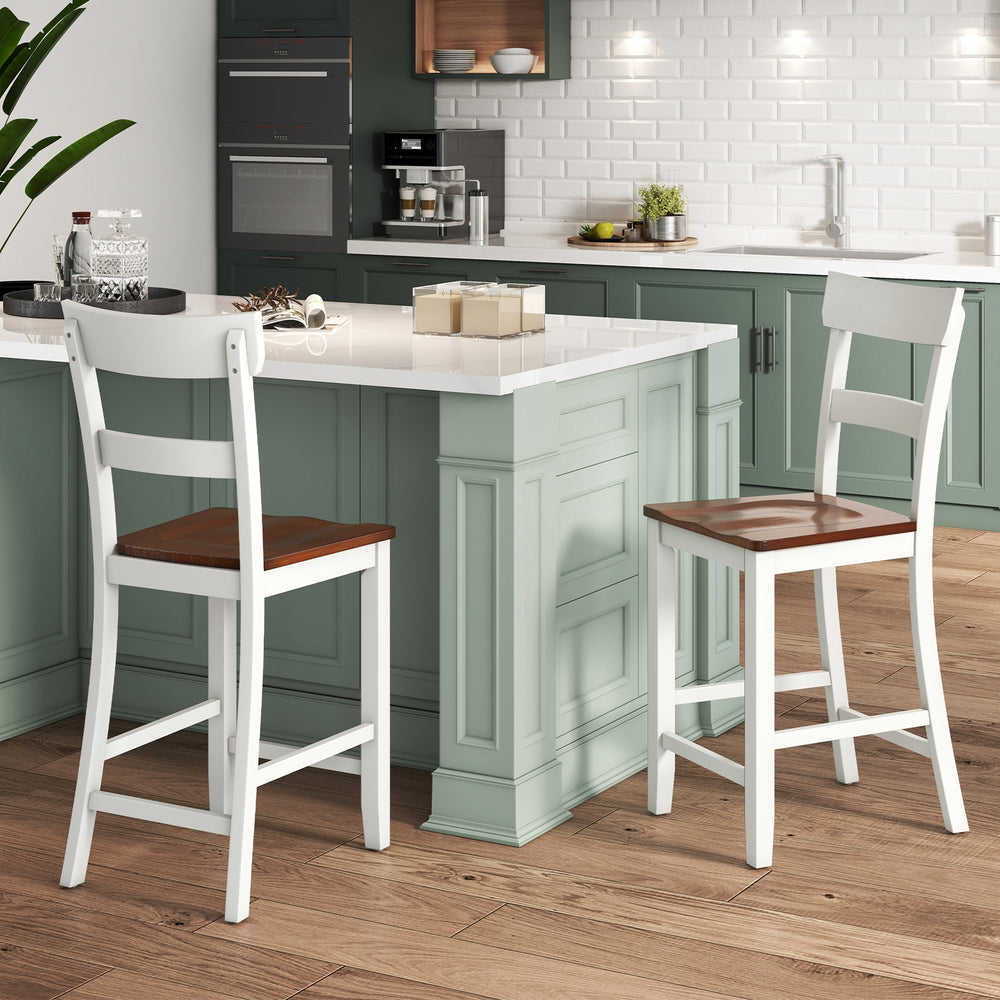 Farmhouse Dining Bar Stool Set of 2 with Solid Rubber Wood Frame-White - Gallery View 1 of 10