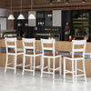 White farmhouse dining bar stools with solid rubber wood frame, featuring curved backrest and comfy footrests for.