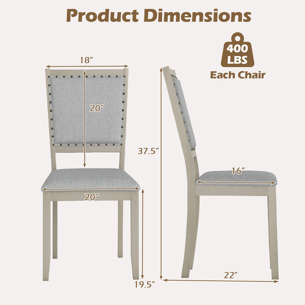 Farmhouse dining chair dimensions showing grey fabric upholstery, rubber wood frame, and 400 lbs weight capacity.