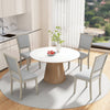 Grey fabric upholstered dining chairs with rubber wood frame, featuring vintage nailheads, ideal for rustic dining.