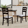 Set of 2 farmhouse dining chairs with gray upholstered seats and elegant hollowed backrest for kitchen or dining room.