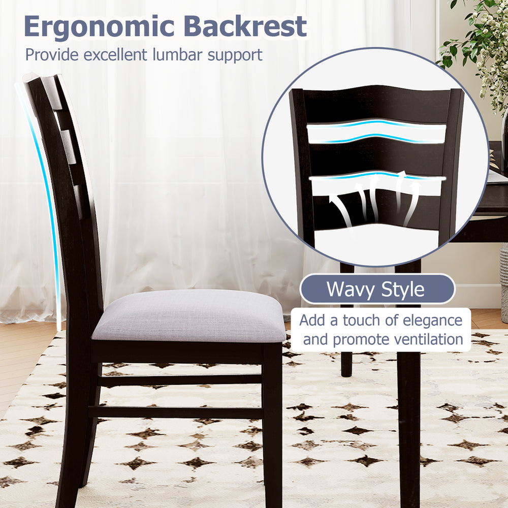 Gray farmhouse dining chair with ergonomic wavy backrest, providing lumbar support and comfort for dining spaces.