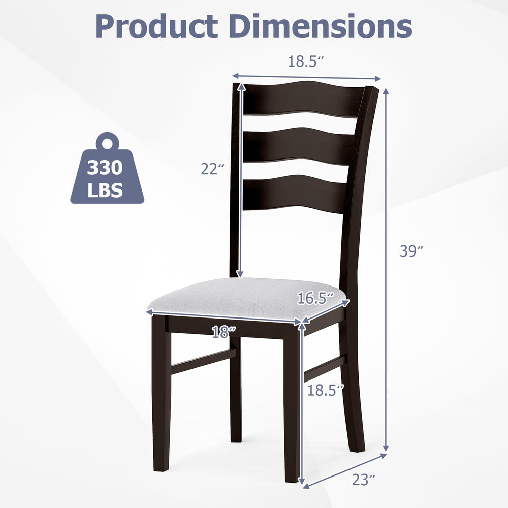 Farmhouse dining chair with gray upholstered seat, hollowed backrest, and dimensions for sturdy support and comfort.