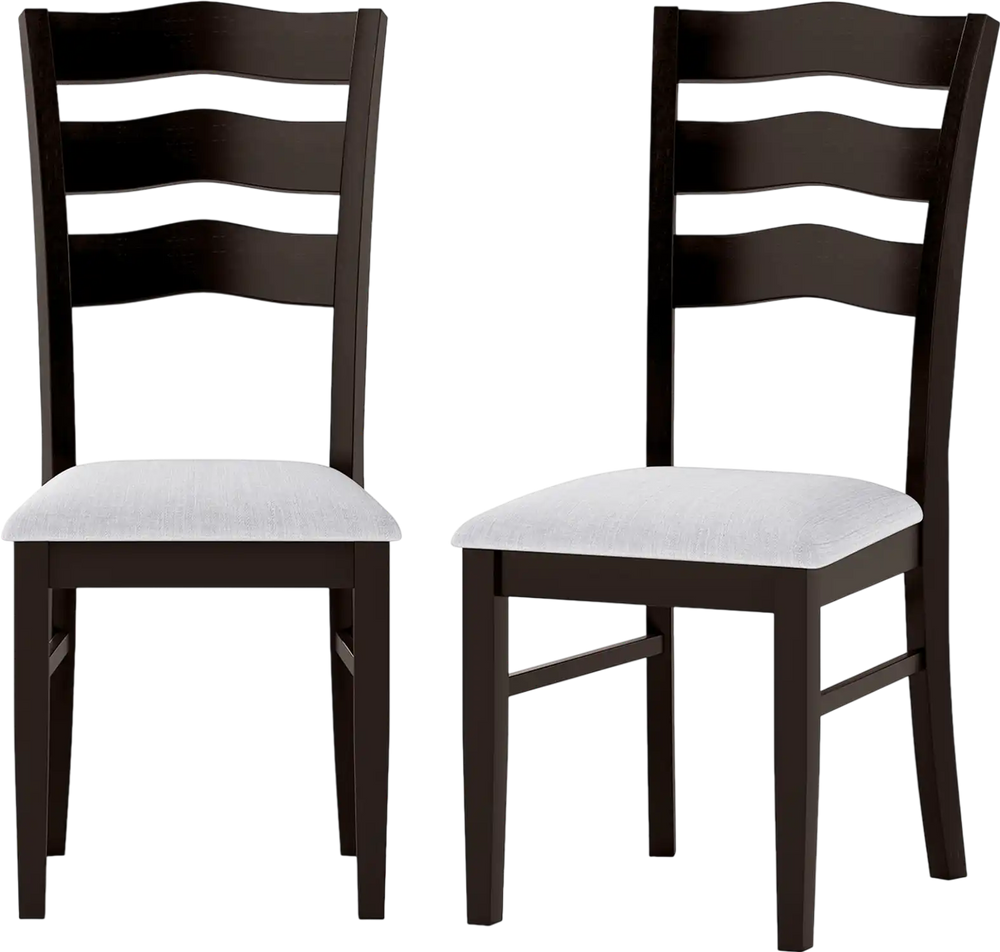 Set of 2 farmhouse dining chairs with gray upholstered seats and elegant hollowed backrest for versatile use.