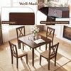 Square walnut farmhouse dining table with smooth edges and reinforced triangular supports, ideal for four people.
