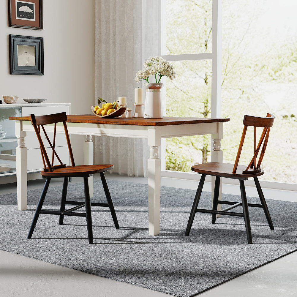 Farmhouse kitchen dining chair set of 2 in dark brown rubber wood, featuring ergonomic design and compact dimensions.