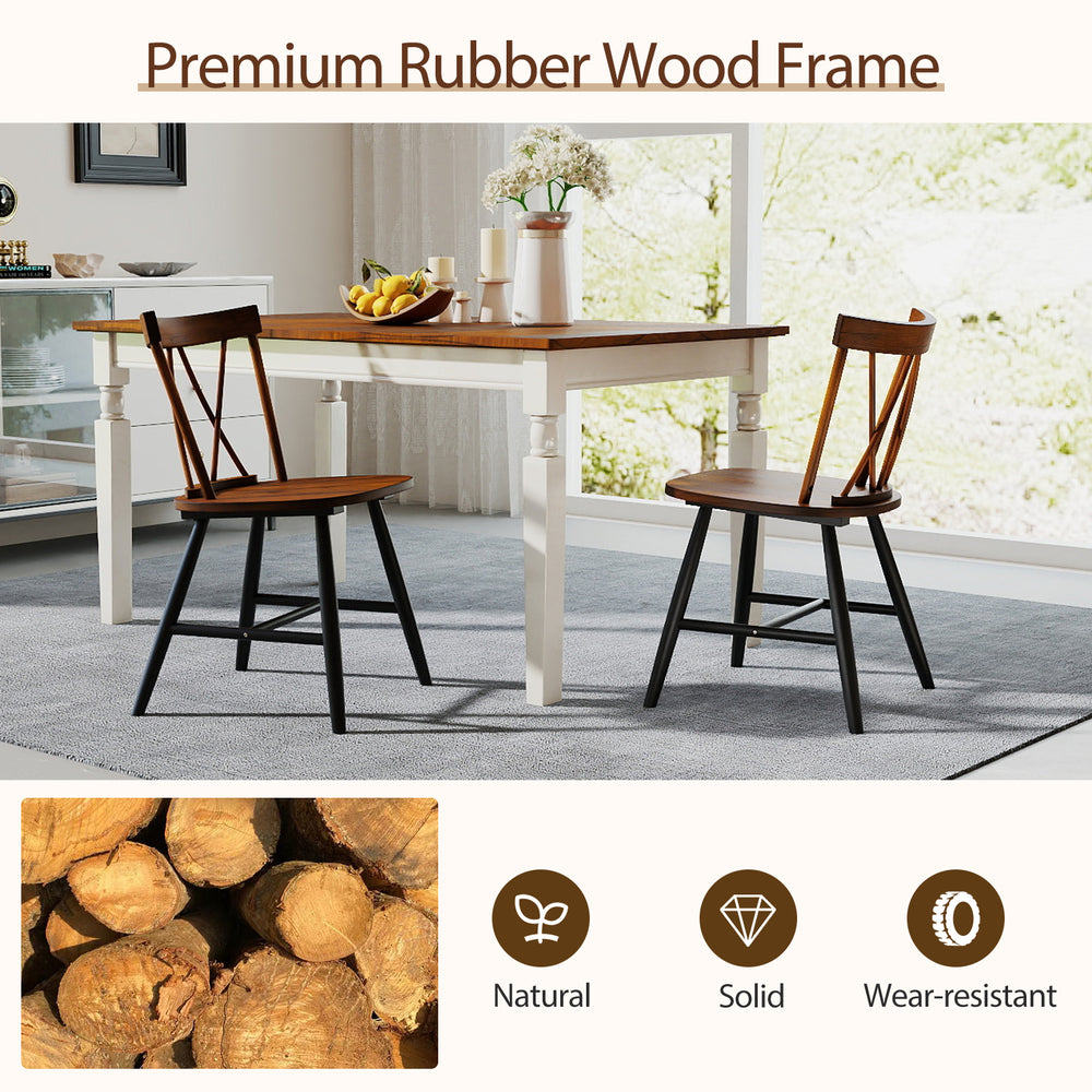 Farmhouse dining chair set of 2 with dark brown rubber wood frame, ergonomic design for comfort, ideal for dining areas.