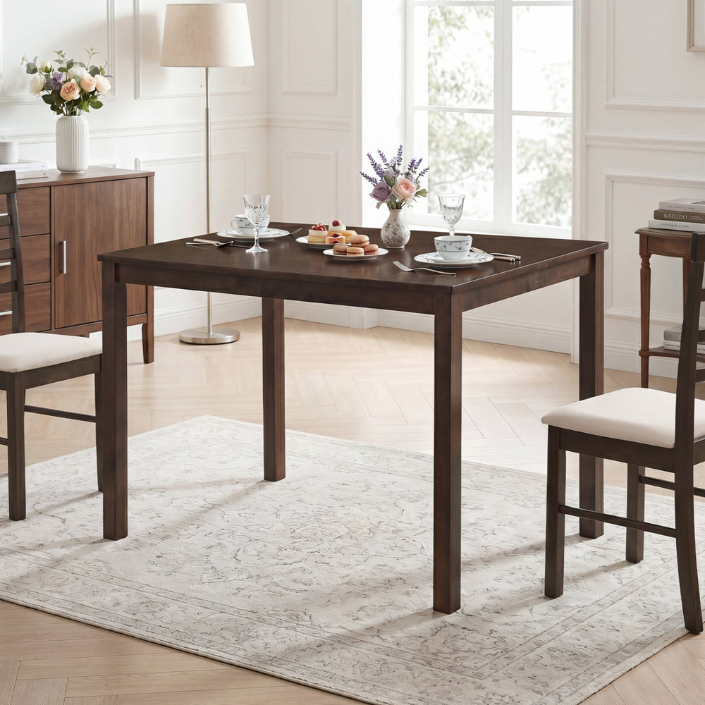 Farmhouse kitchen table for 4 with solid rubber wood frame, featuring a natural wood grain finish for rustic appeal.
