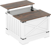 Farmhouse lift top coffee table in rustic brown with hidden storage compartment and hydraulic lifter for easy access.