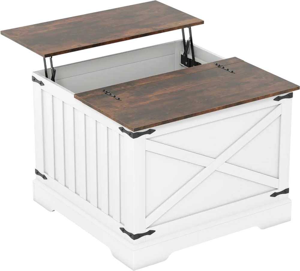 Farmhouse lift top coffee table in rustic brown with hidden storage compartment and hydraulic lifter for easy access.