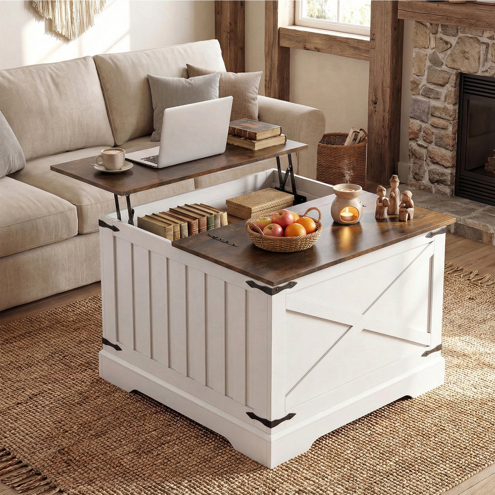 Farmhouse lift top coffee table in rustic brown with hidden storage, perfect for home or office use.