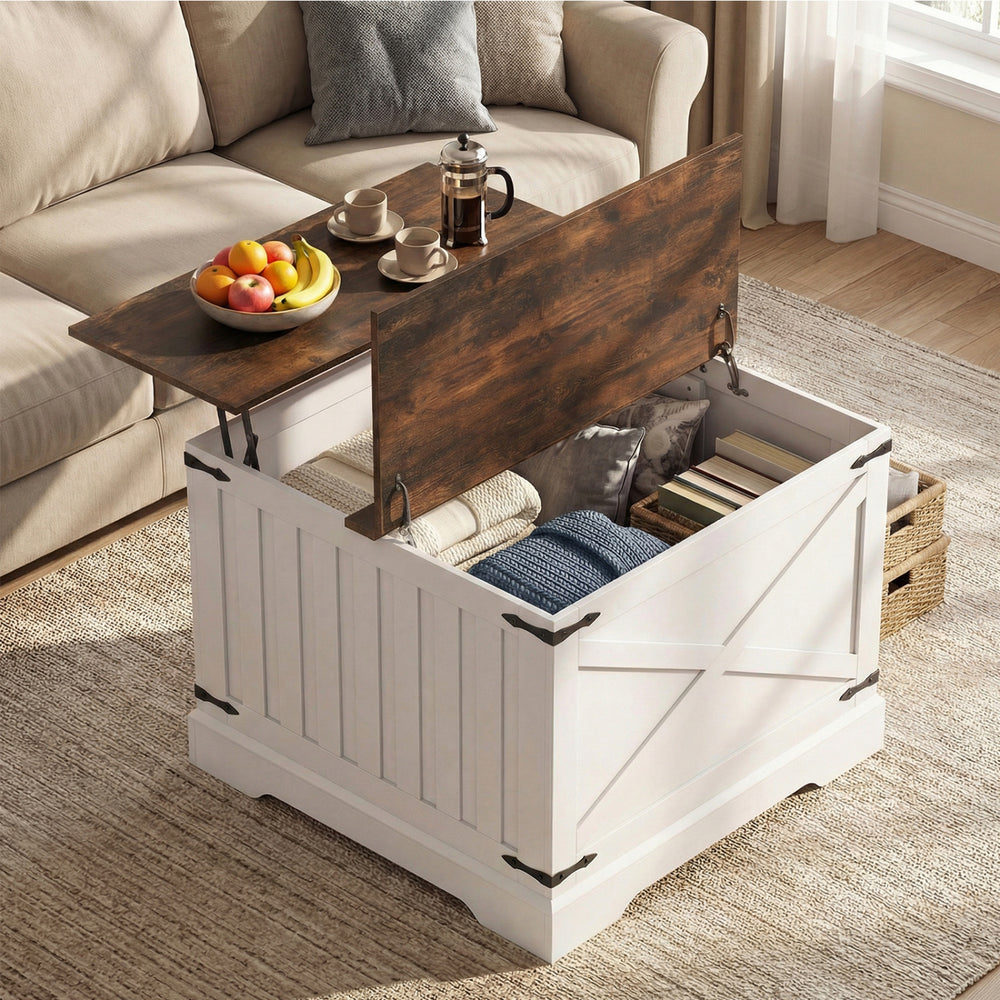 Farmhouse lift top coffee table in rustic brown with hidden storage, perfect for maintaining a clutter-free space.