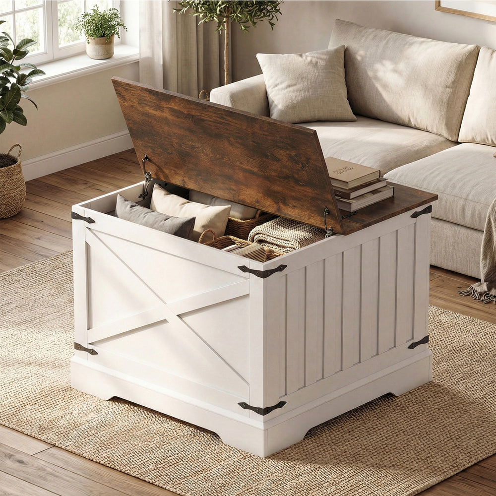 Farmhouse lift top coffee table in rustic brown with hidden storage compartment for a clutter-free living space.