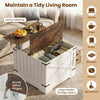 Farmhouse lift top coffee table in rustic brown with hidden storage compartment and sturdy metal hinges for a tidy.