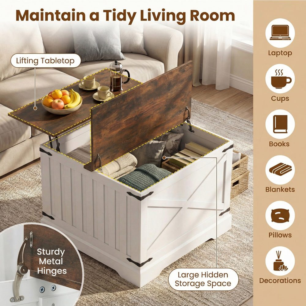 Farmhouse lift top coffee table in rustic brown with hidden storage compartment and sturdy metal hinges for a tidy.