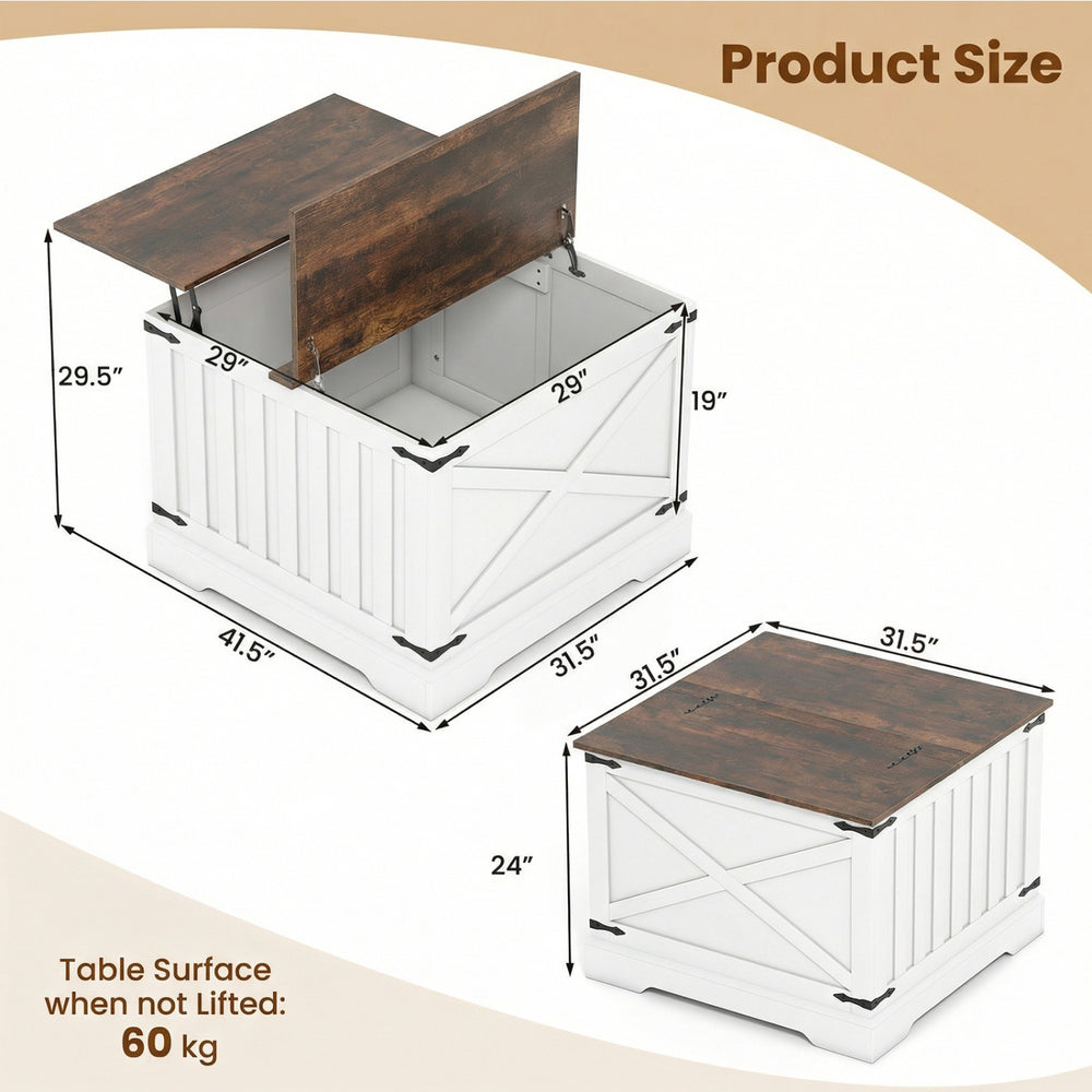 Farmhouse lift top coffee table in rustic brown with hidden storage compartment and hydraulic lifter for versatile use.