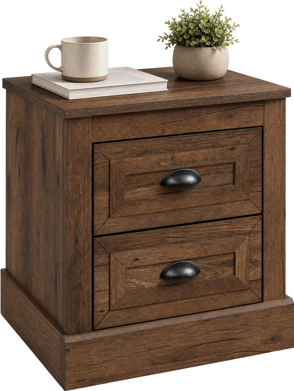 Brown farmhouse nightstand featuring two drawers, vintage handles, and a stable base, perfect for bedside storage.