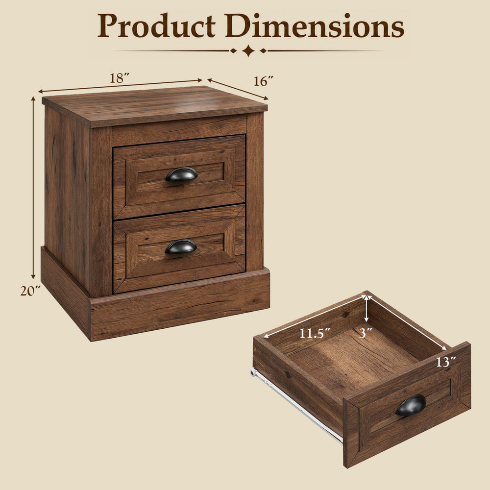Farmhouse nightstand with two drawers in brown, featuring a wood grain finish and vintage handles for stylish storage.